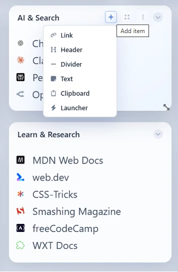 Add item menu opened from a group, showing the available item types.
