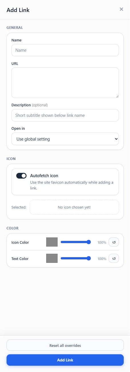 Add Link drawer with link fields, icon picker, color controls, and save action.