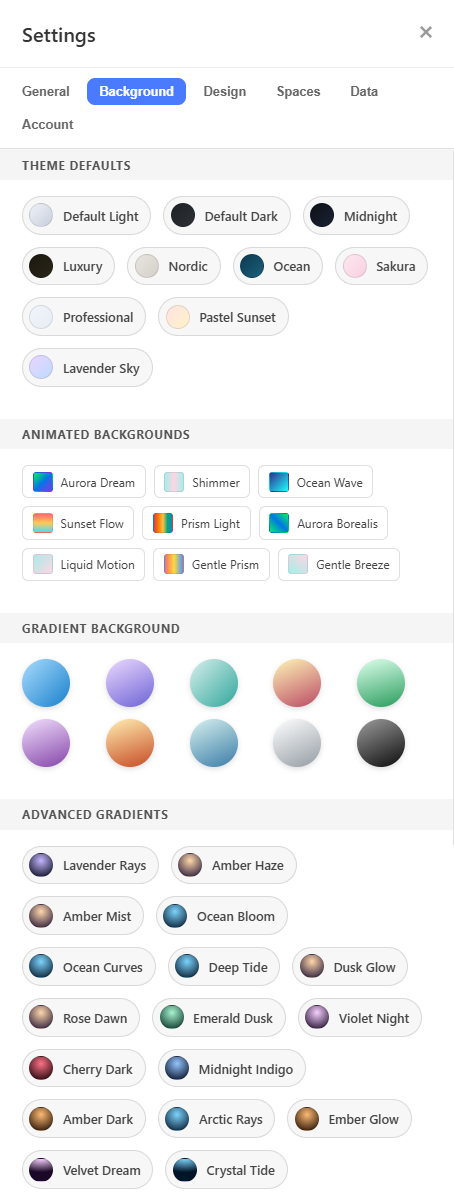 Background settings tab showing theme defaults, animated backgrounds, gradients, advanced gradients, and solid color controls.