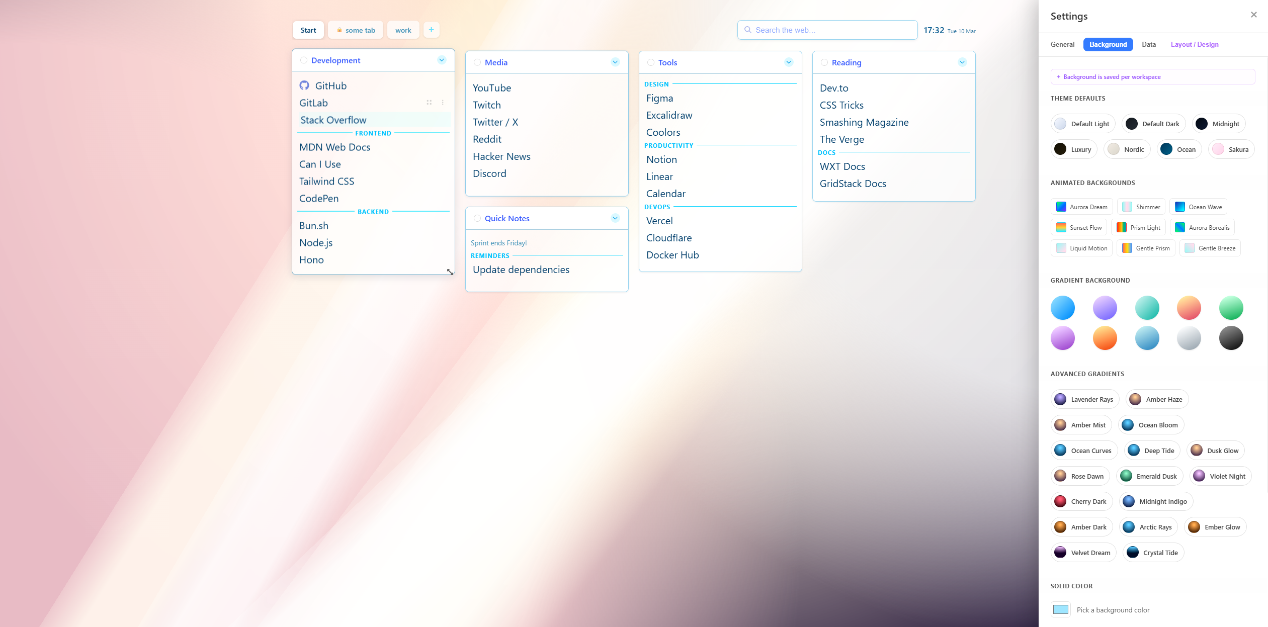 Background settings applied to the workspace preview with the background tab open.