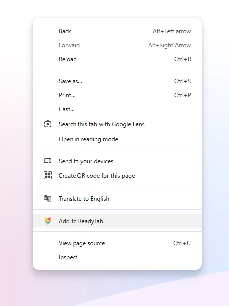The "Add to ReadyTab" browser context-menu entry.