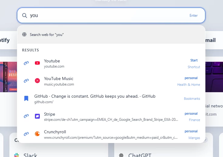 Dashboard search in a new tab.