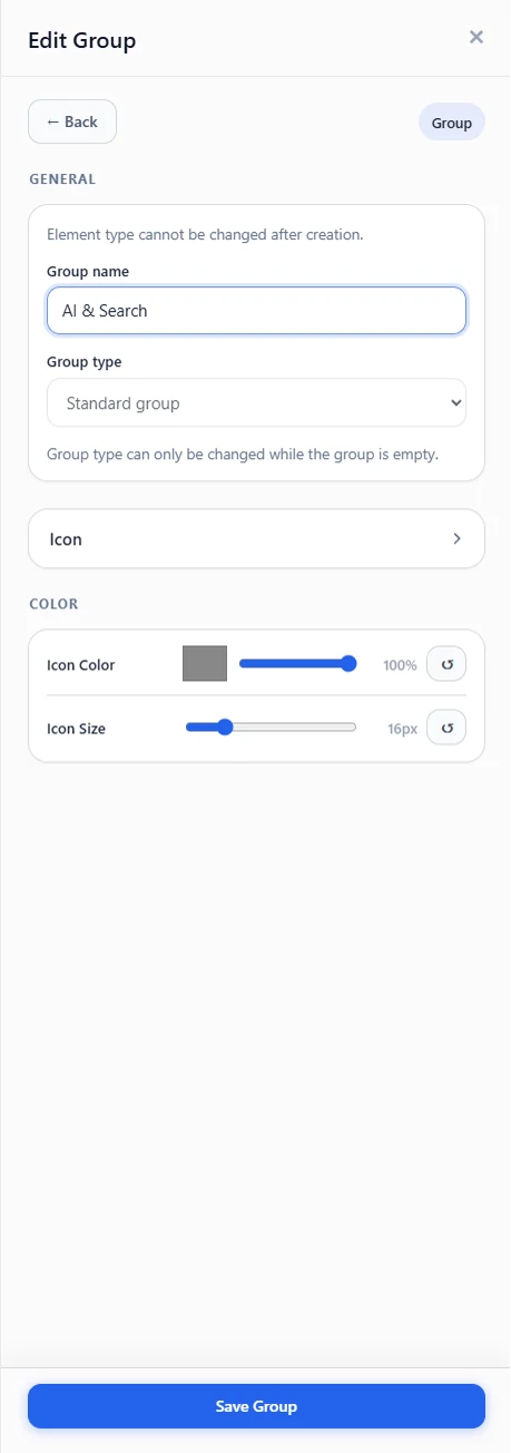 The edit-group drawer for renaming and styling a group.