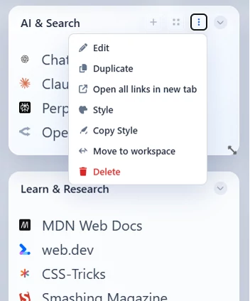 Group options popover opened from the group's three-dots menu.