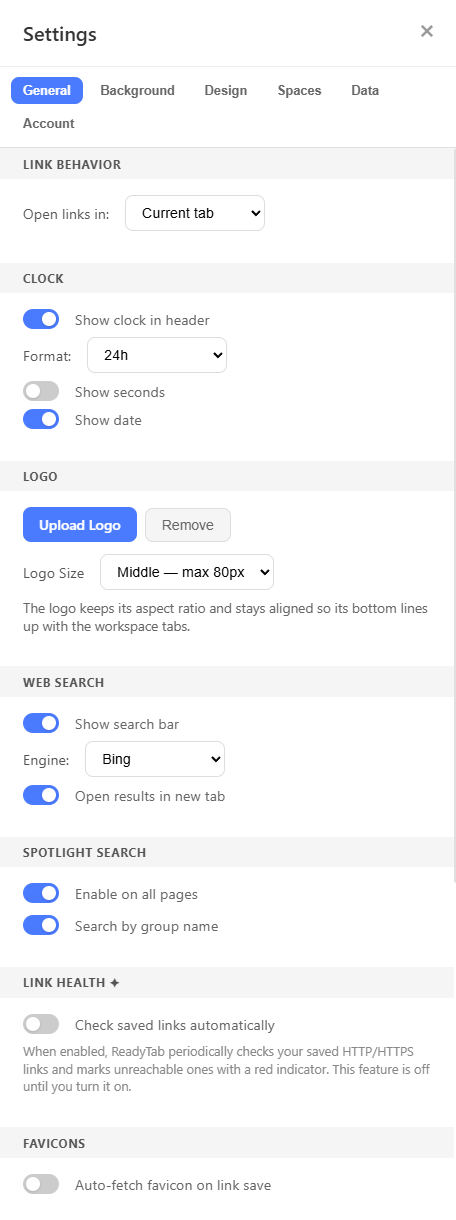 General settings tab showing clock, logo, web search, Spotlight, link health, and favicon options.