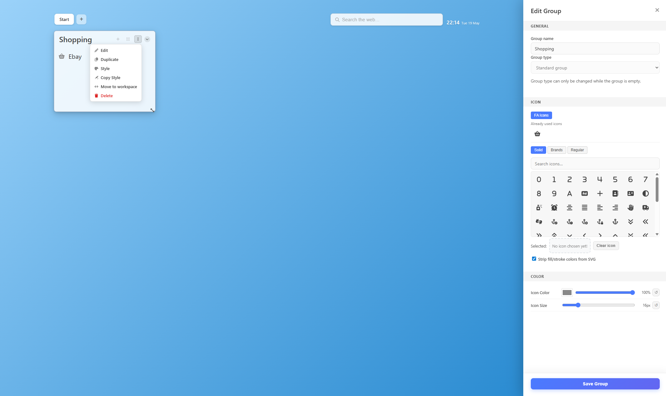 Group card with its contextual menu open and the group editing drawer visible.