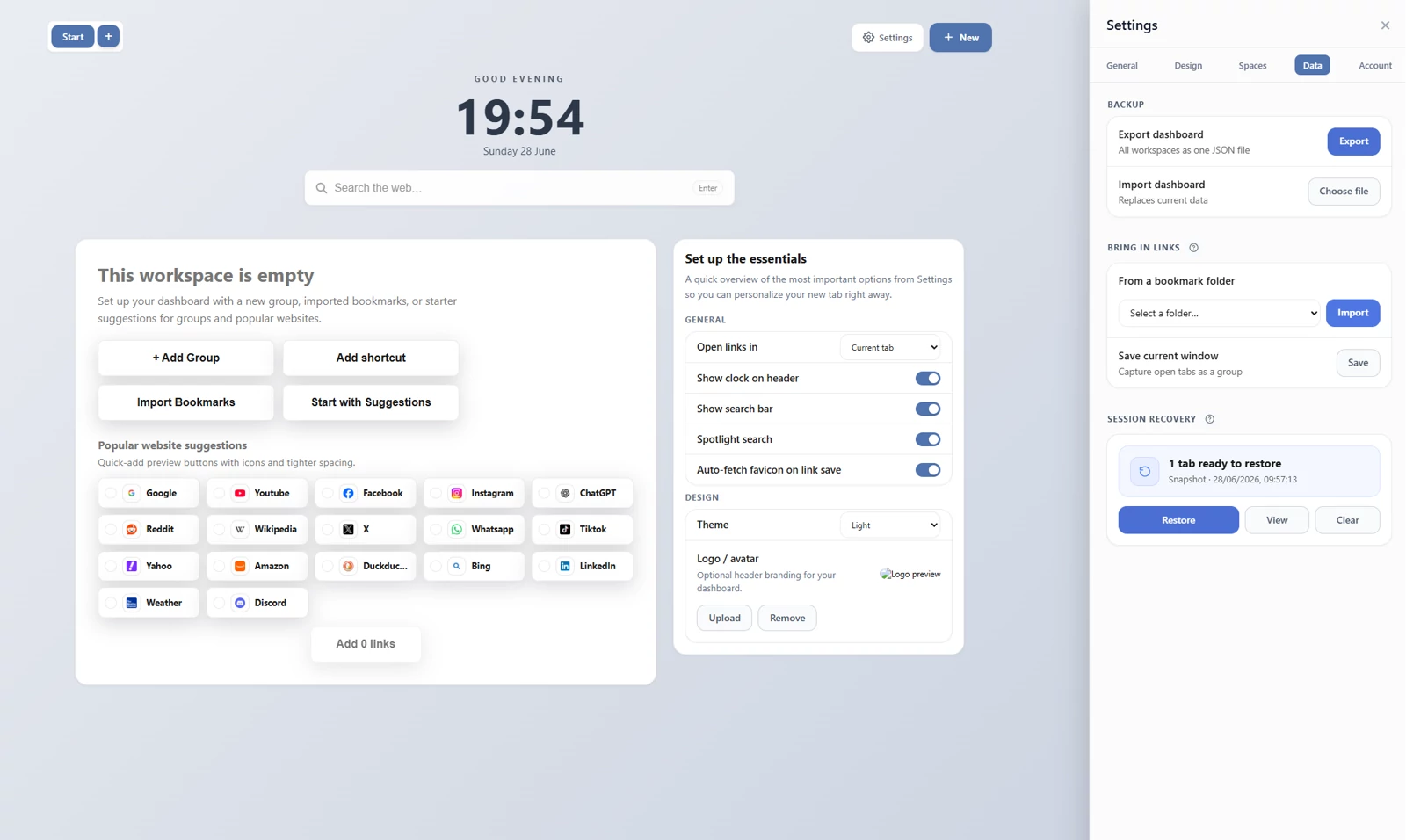 Importing a ReadyTab workspace from a JSON backup via Settings → Data.