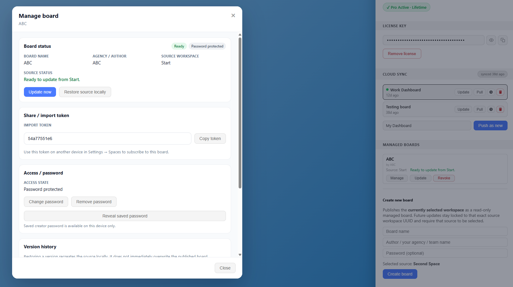 Managed board dialog with board status, sync actions, access settings, and version history.