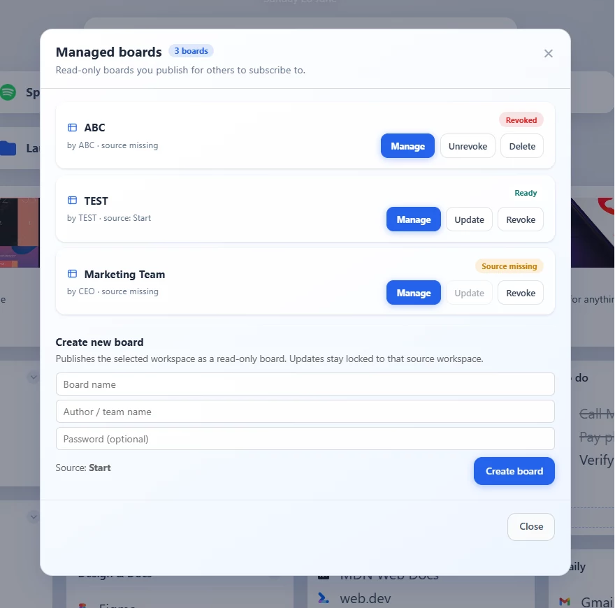 Managed board dialog with board status, sync actions, access settings, and version history.