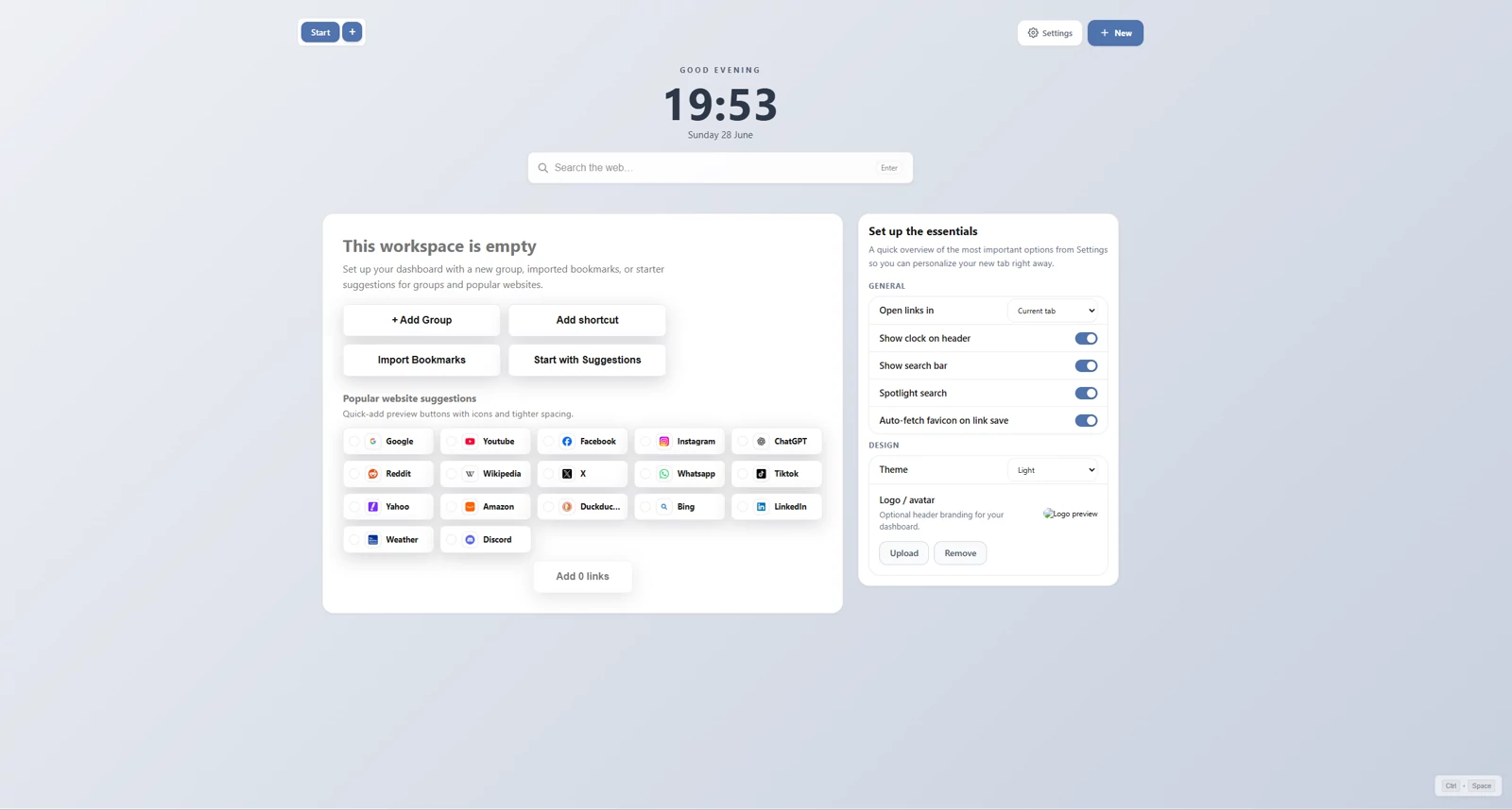 ReadyTab empty state dashboard with onboarding actions and the "Set up the essentials" side panel.