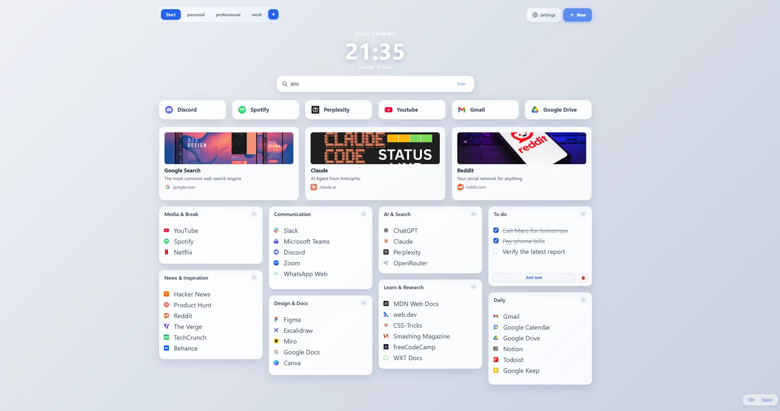 Annotated ReadyTab layout highlighting spaces, shortcuts, the main grid, and the settings and new buttons.