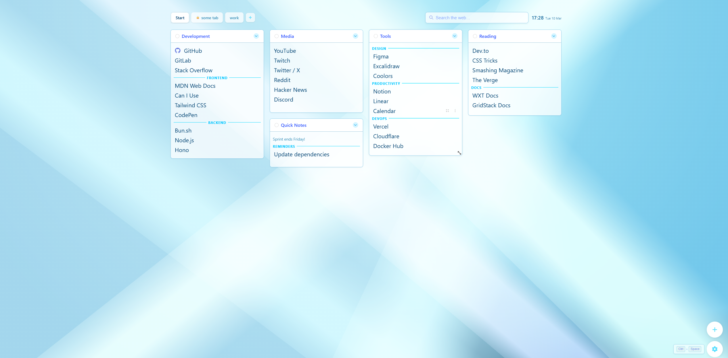 Fresh ReadyTab workspace with the main floating actions visible and ready for first setup.