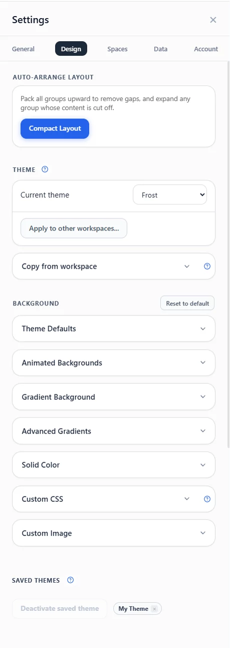 The Design settings tab with appearance, theme, and background controls.