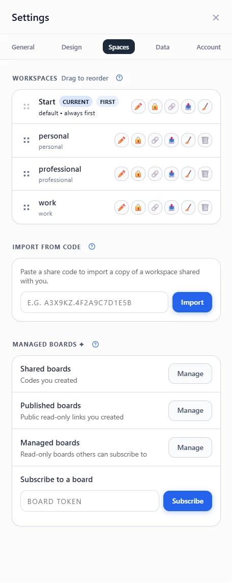 The Spaces settings tab.