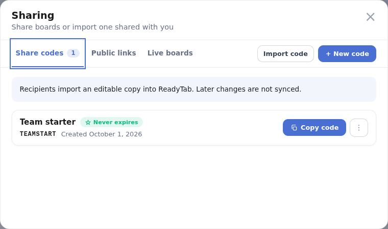 Sharing window with Share codes, Public links and Live boards tabs, plus Import code, New code and Copy code actions.