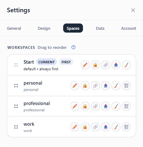 Spaces settings showing spaces management, import from code, shared boards, and the managed board subscription area.