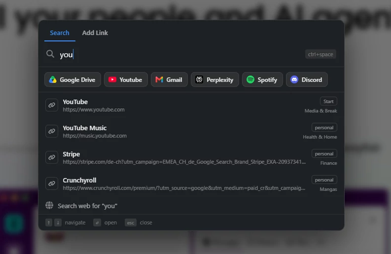Spotlight search overlay showing typed input, matched results, and the search fallback row.