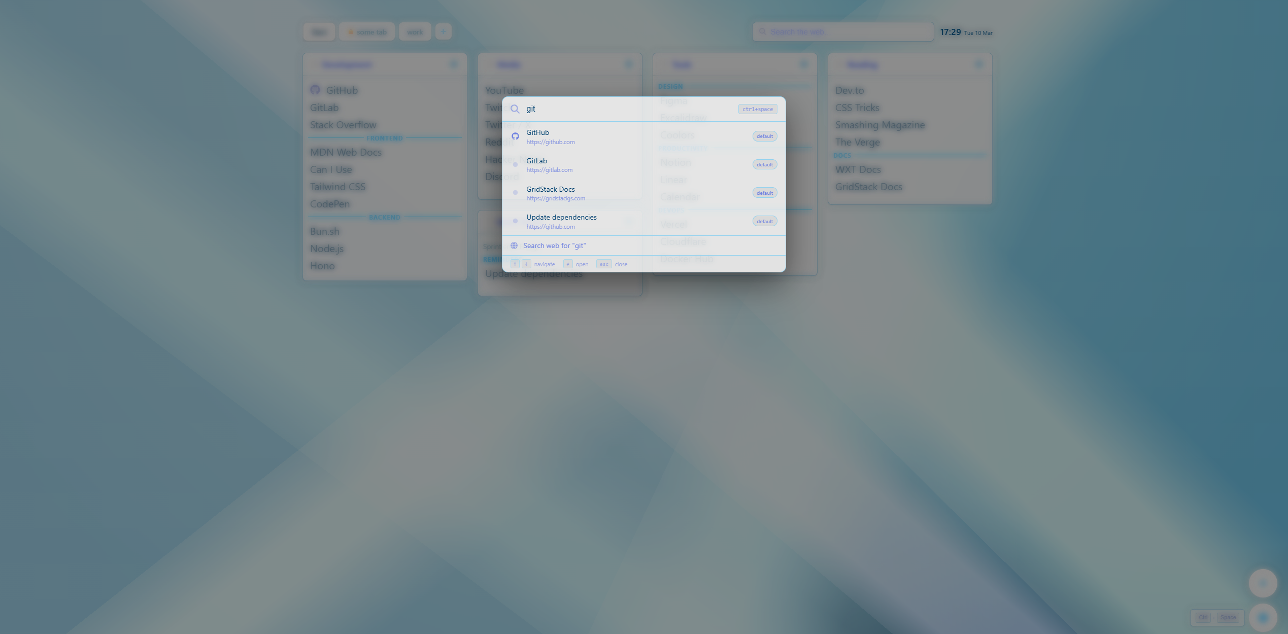ReadyTab dashboard with Spotlight open and the floating shortcut hints visible in the corner.