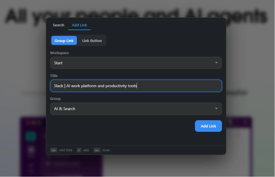 Spotlight overlay on the Add Link tab.